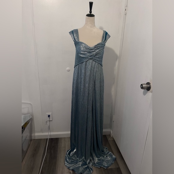 Rene Ruiz Off the Shoulder Metallic Blue Dress